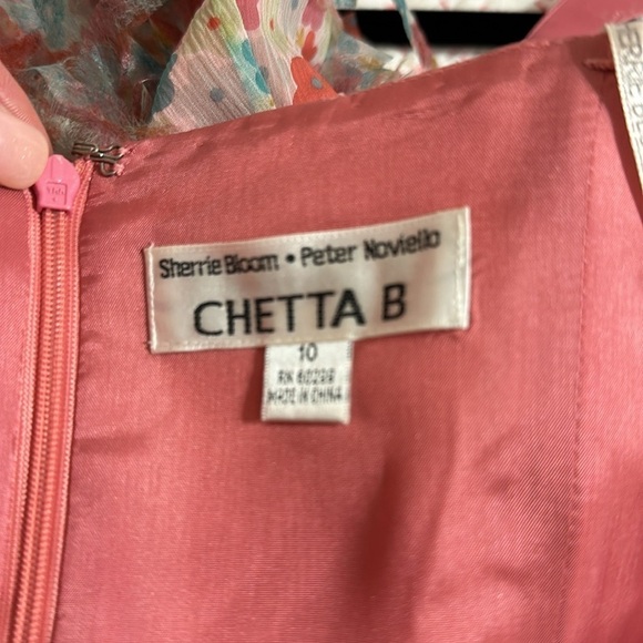 Chetta B Strapless Silk Dress Pink w/ Pastel Floral Frill Sz 10 Party Chic - Picture 7 of 10